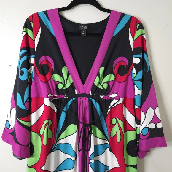 NICOLE MILLER 3/4 Sleeves Vibrant Colorful Retro Boho Dress with Waist Tie, 14 - Picture 3 of 15